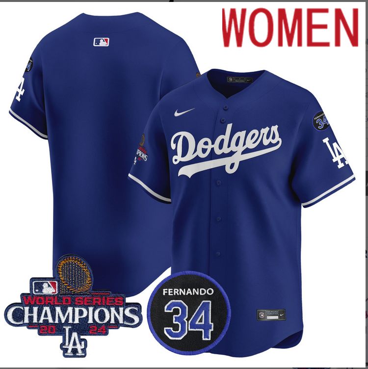 Women MLB Los Angeles Dodgers blank blue 2024 World Series Champions Patch Limited Jersey